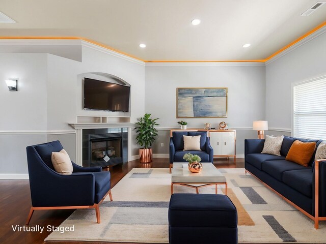 311 Hayfield Ct, Boiling Springs, SC 29316 - living area featuring wood finished floors, recessed lighting, a fireplace, and ornamental molding