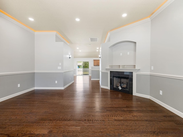 311 Hayfield Ct, Boiling Springs, SC 29316 - unfurnished living room featuring a fireplace, recessed lighting, wood finished floors, and ornamental molding