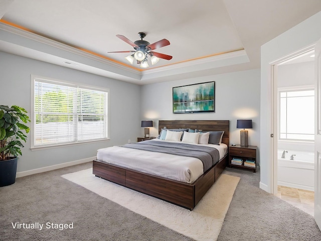 311 Hayfield Ct, Boiling Springs, SC 29316 - carpeted bedroom with a raised ceiling, ensuite bath, and ceiling fan