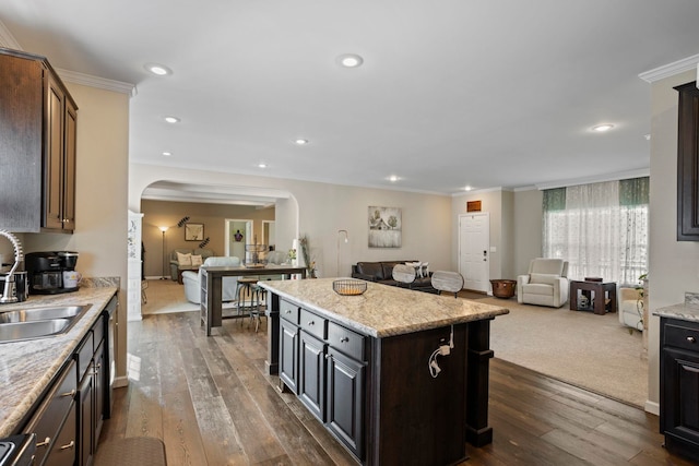 140 Vera Ln, Columbus, NC 28722 - kitchen featuring open floor plan, arched walkways, a center island, dark wood-style floors, and recessed lighting