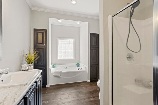 140 Vera Ln, Columbus, NC 28722 - bathroom with wood finished floors, a shower stall, vanity, ornamental molding, and a garden tub