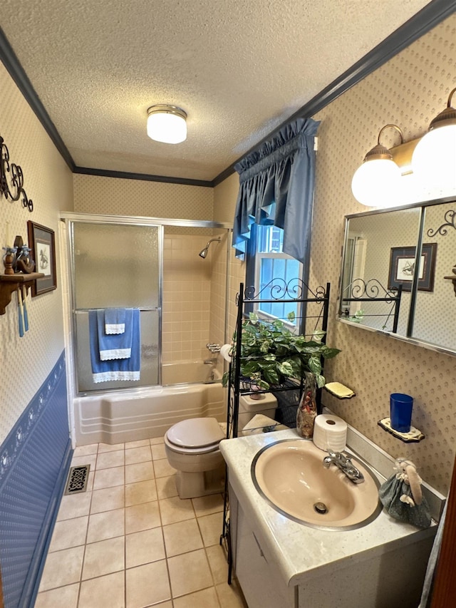 8627 Valley Falls Rd, Boiling Springs, SC 29316 - bathroom featuring wallpapered walls, crown molding, vanity, shower / bath combination with glass door, and tile patterned floors
