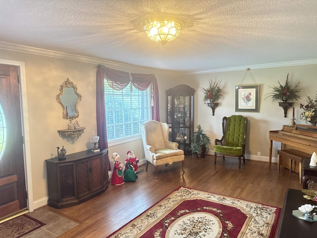 8627 Valley Falls Rd, Boiling Springs, SC 29316 - living area featuring a textured ceiling, wood finished floors, and crown molding