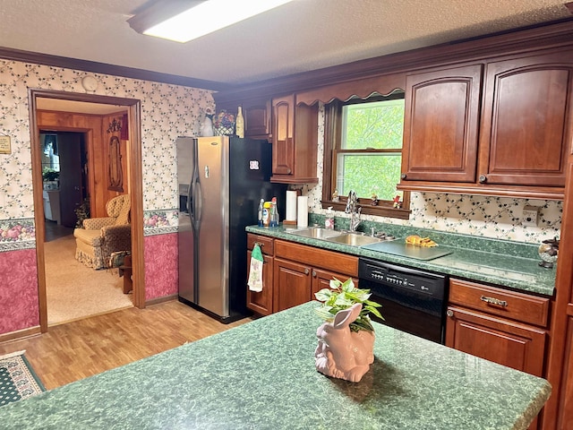 8627 Valley Falls Rd, Boiling Springs, SC 29316 - kitchen featuring dishwasher, light wood finished floors, stainless steel fridge, wallpapered walls, and dark countertops