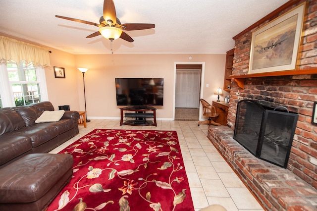 229 Cart Dr, Spartanburg, SC 29307 - living area featuring a brick fireplace, light tile patterned flooring, a ceiling fan, and crown molding