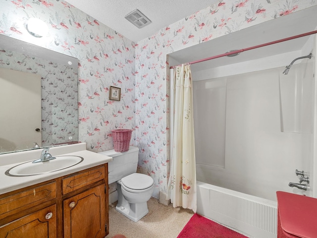 1310 Mount Zion Rd, Spartanburg, SC 29303 - bathroom featuring wallpapered walls, vanity, shower / bathtub combination with curtain, and a textured ceiling