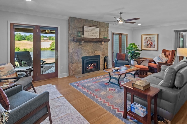 270 Watkins Rd, Campobello, SC 29322 - living room with a ceiling fan, crown molding, a fireplace, recessed lighting, and wood finished floors