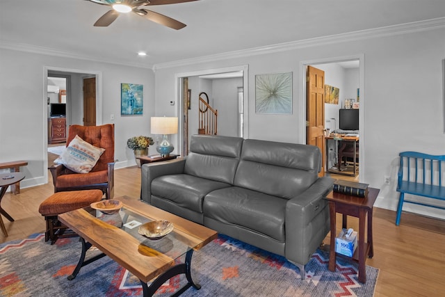 270 Watkins Rd, Campobello, SC 29322 - living room featuring a ceiling fan, ornamental molding, wood finished floors, and recessed lighting