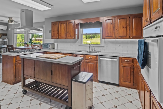 270 Watkins Rd, Campobello, SC 29322 - kitchen featuring appliances with stainless steel finishes, light flooring, island exhaust hood, and a ceiling fan