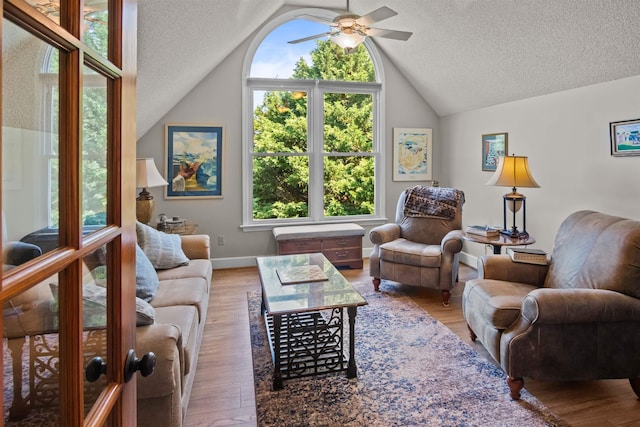 270 Watkins Rd, Campobello, SC 29322 - living area featuring vaulted ceiling, a textured ceiling, a ceiling fan, and wood finished floors