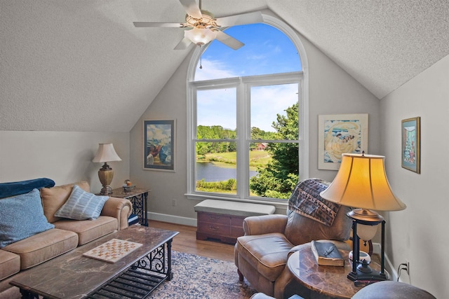 270 Watkins Rd, Campobello, SC 29322 - living area with a textured ceiling, vaulted ceiling, ceiling fan, and wood finished floors