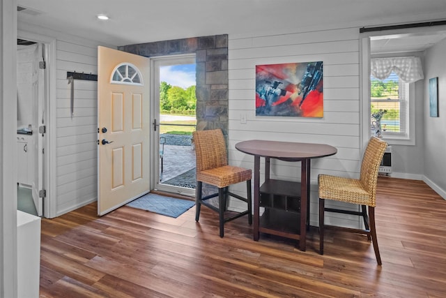 270 Watkins Rd, Campobello, SC 29322 - dining area featuring wood finished floors, plenty of natural light, wooden walls, and recessed lighting