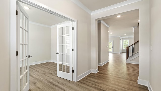 310 Fiery Rd, Mauldin, SC 29607 - corridor with ornamental molding, french doors, wood finished floors, stairway, and recessed lighting