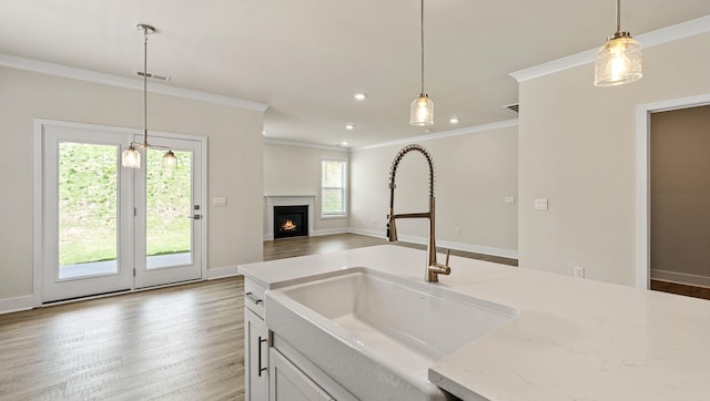 310 Fiery Rd, Mauldin, SC 29607 - kitchen featuring ornamental molding, hanging light fixtures, light stone counters, light wood-style flooring, and recessed lighting