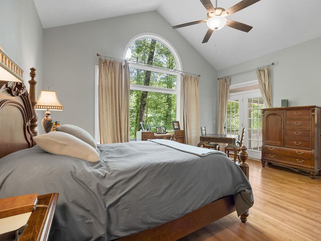 154 Broken Bow Run, Pickens, SC 29671 - bedroom with high vaulted ceiling, access to outside, multiple windows, light wood-type flooring, and ceiling fan
