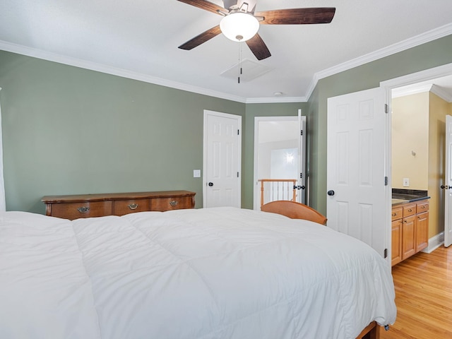 154 Broken Bow Run, Pickens, SC 29671 - bedroom with light wood finished floors, crown molding, ceiling fan, and ensuite bathroom