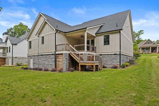2032 Ivy Cottage Path, Boiling Springs, SC 29316 - rear view of property with ceiling fan, stairs, board and batten siding, a yard, and stone siding