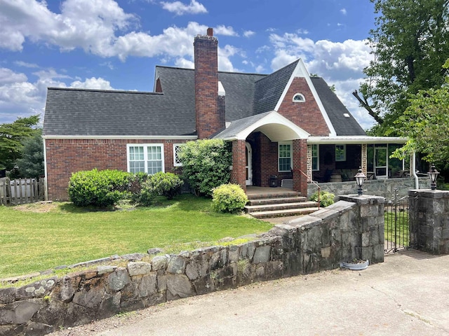 510 E Earle St, Landrum, SC 29356 - english style home featuring brick siding, a porch, a chimney, a shingled roof, and a gate