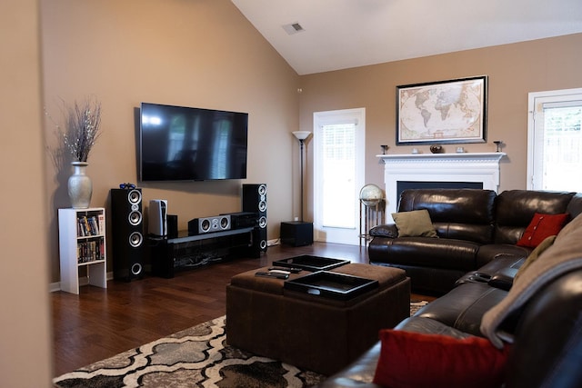 413 N Sweetwater Hills Dr, Moore, SC 29369 - living area featuring dark wood-type flooring, a fireplace, and high vaulted ceiling