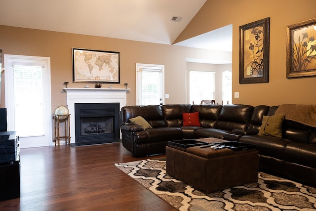 413 N Sweetwater Hills Dr, Moore, SC 29369 - living area with vaulted ceiling, wood finished floors, and a fireplace