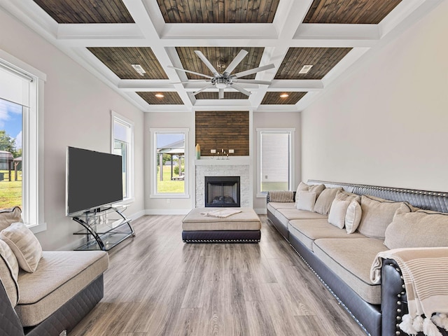 433 Josie Way, Boiling Springs, SC 29316 - living room with coffered ceiling, ceiling fan, beam ceiling, wood finished floors, and a fireplace