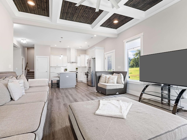 433 Josie Way, Boiling Springs, SC 29316 - living room with light wood-type flooring, coffered ceiling, beam ceiling, stairway, and recessed lighting