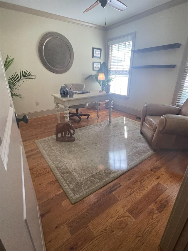 204 Tuscan Ridge Trl, Inman, SC 29349 - office area featuring wood finished floors, a ceiling fan, and ornamental molding