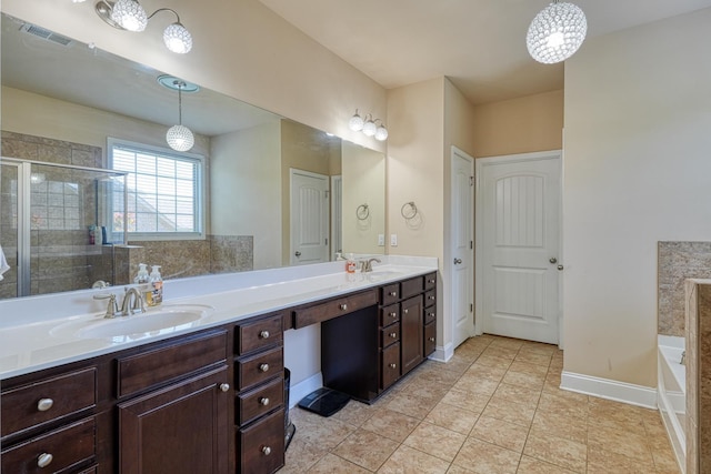 202 Buxton Ct, Easley, SC 29642 - bathroom with a garden tub, double vanity, a stall shower, and tile patterned flooring