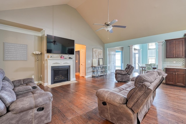202 Buxton Ct, Easley, SC 29642 - living area with ceiling fan, high vaulted ceiling, a glass covered fireplace, and wood finished floors
