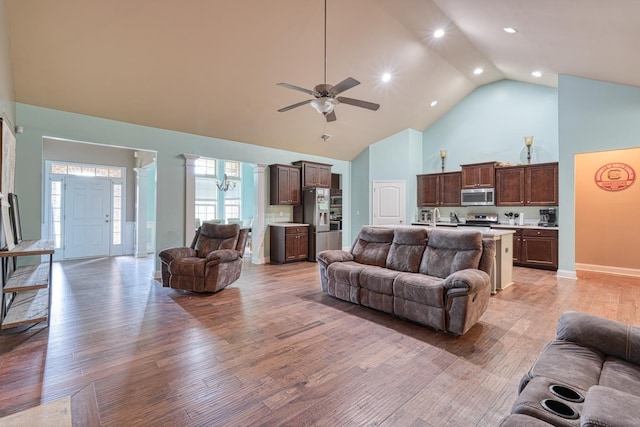 202 Buxton Ct, Easley, SC 29642 - living room with high vaulted ceiling, light wood-type flooring, ceiling fan, and recessed lighting
