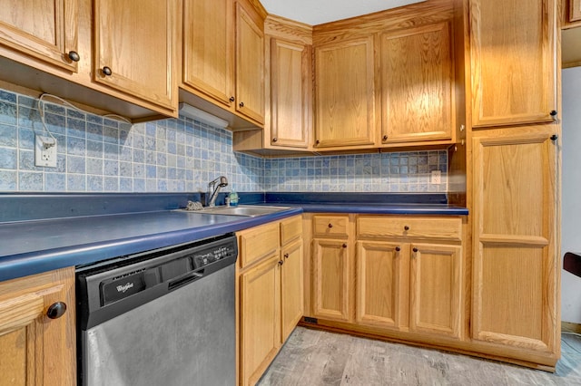 211 Skyline Rd, Greer, SC 29651 - kitchen featuring dishwashing machine, backsplash, dark countertops, and light wood-type flooring
