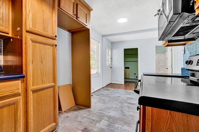 211 Skyline Rd, Greer, SC 29651 - kitchen featuring stainless steel microwave, light wood-style floors, dark countertops, brown cabinets, and a textured ceiling