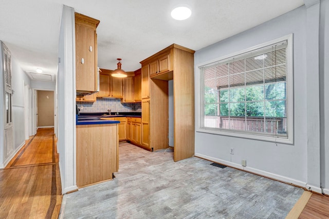 211 Skyline Rd, Greer, SC 29651 - kitchen featuring light wood finished floors, dark countertops, and decorative backsplash