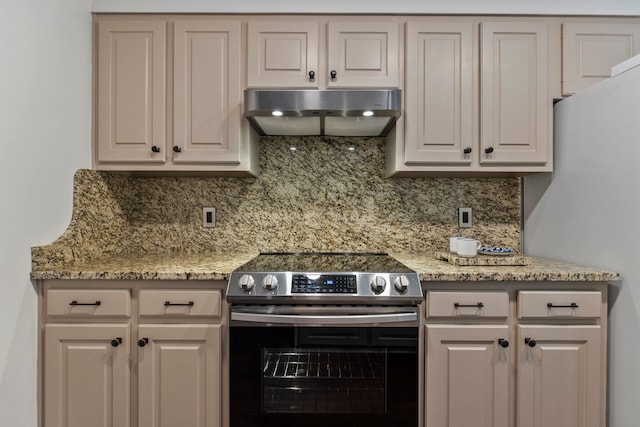 413 Rambling Rose Way, Moore, SC 29369 - kitchen with stainless steel electric range oven, under cabinet range hood, decorative backsplash, freestanding refrigerator, and light stone counters