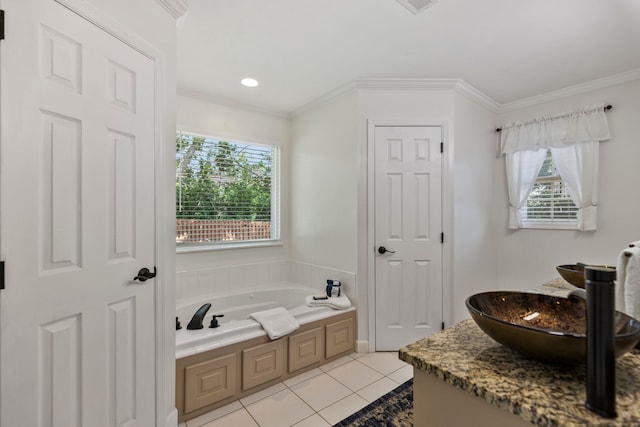 413 Rambling Rose Way, Moore, SC 29369 - bathroom with a garden tub, tile patterned flooring, vanity, and crown molding
