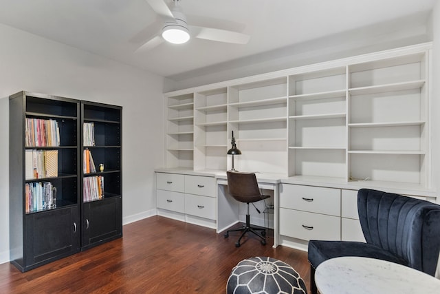 413 Rambling Rose Way, Moore, SC 29369 - home office with a ceiling fan, dark wood-style flooring, and built in desk
