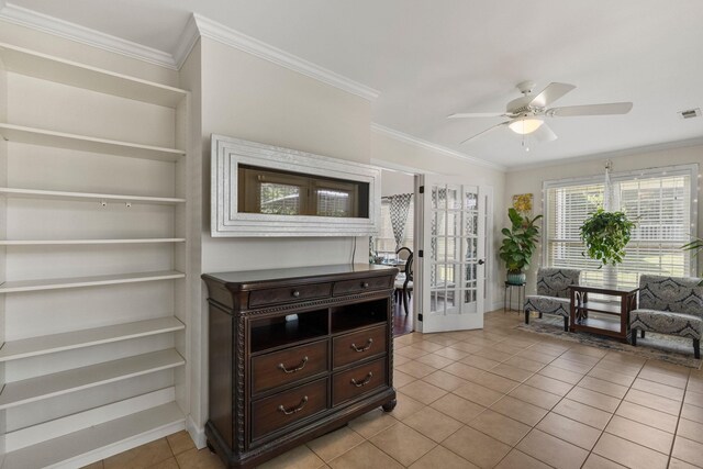 413 Rambling Rose Way, Moore, SC 29369 - living room featuring a ceiling fan, crown molding, and light tile patterned floors