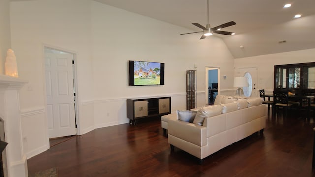 413 Rambling Rose Way, Moore, SC 29369 - living area featuring a ceiling fan, dark wood-style floors, high vaulted ceiling, and recessed lighting