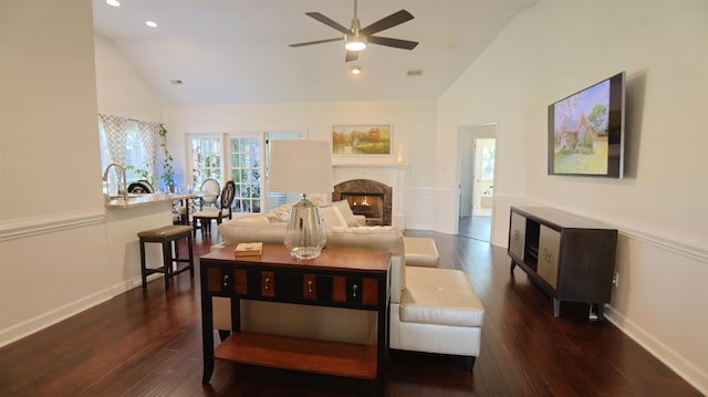 413 Rambling Rose Way, Moore, SC 29369 - living area featuring a fireplace, dark wood-type flooring, a ceiling fan, high vaulted ceiling, and recessed lighting