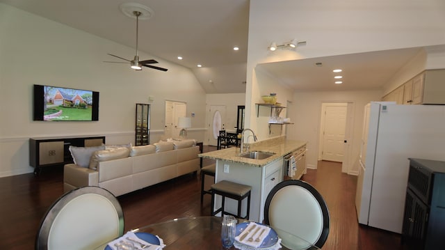 413 Rambling Rose Way, Moore, SC 29369 - dining space with lofted ceiling, recessed lighting, dark wood finished floors, and a ceiling fan