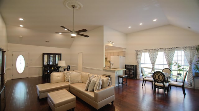 413 Rambling Rose Way, Moore, SC 29369 - living room featuring dark wood finished floors, high vaulted ceiling, a ceiling fan, and recessed lighting