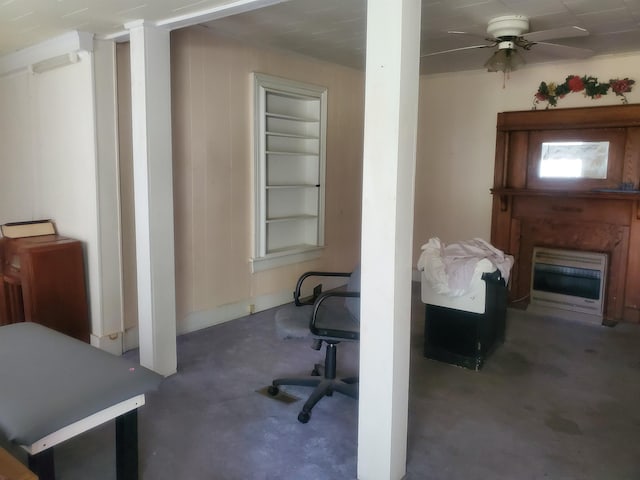 190 Beaverdam Church Rd, Enoree, SC 29335 - living area with heating unit, a ceiling fan, carpet flooring, and a fireplace