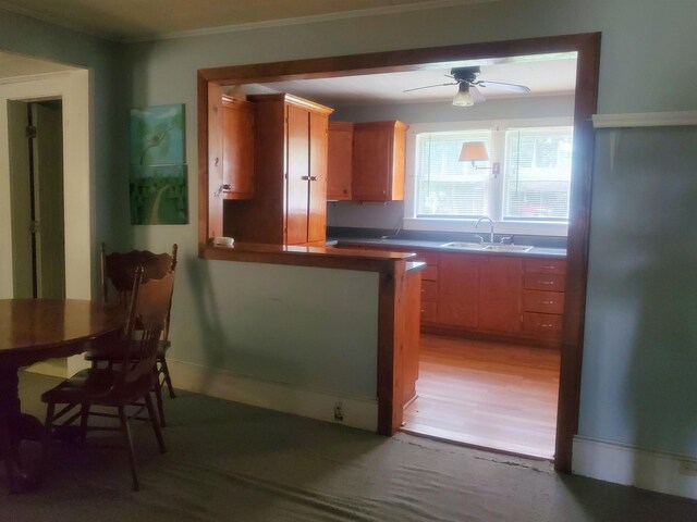 190 Beaverdam Church Rd, Enoree, SC 29335 - kitchen with a ceiling fan, a peninsula, light wood-type flooring, and crown molding