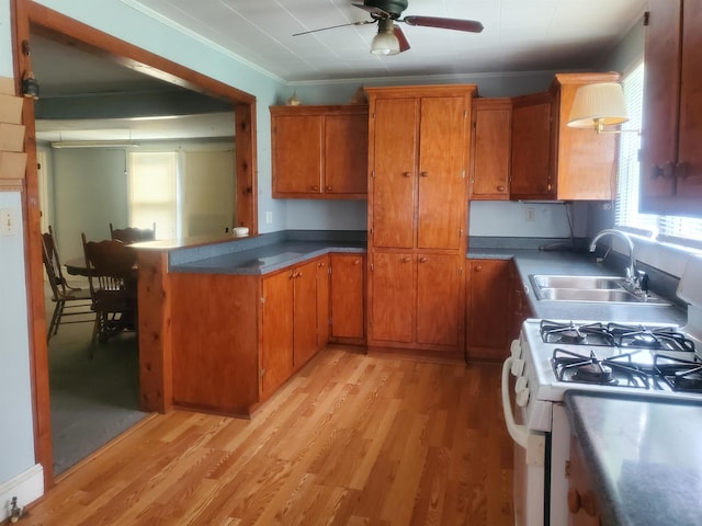 190 Beaverdam Church Rd, Enoree, SC 29335 - kitchen featuring white gas range oven, brown cabinets, light wood finished floors, a ceiling fan, and a peninsula