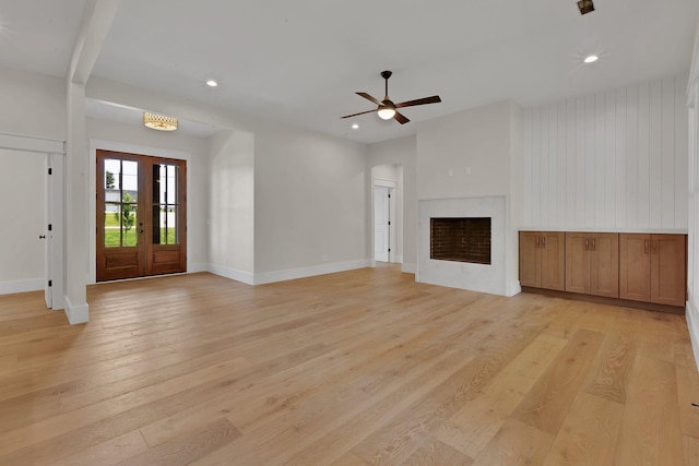 3963 Pennington Rd, Greer, SC 29651 - unfurnished living room with ceiling fan, light wood-style floors, recessed lighting, and a fireplace