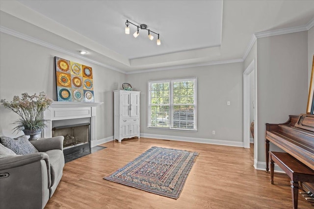 155 Lake Park Dr, Spartanburg, SC 29301 - sitting room with a tray ceiling, wood finished floors, a fireplace with flush hearth, and ornamental molding