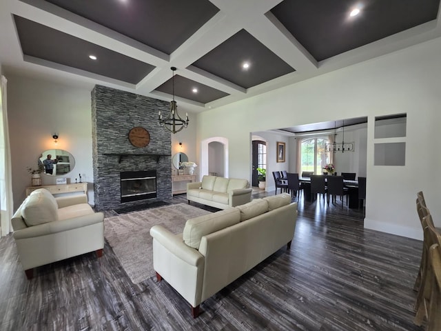 473 Meadow Rd, Inman, SC 29349 - living area with a chandelier, coffered ceiling, dark wood finished floors, a fireplace, and beamed ceiling
