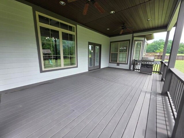 473 Meadow Rd, Inman, SC 29349 - wooden deck featuring a ceiling fan, a grill, and french doors
