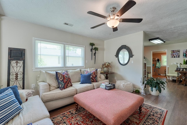 1762 New Cut Rd, Spartanburg, SC 29303 - living area featuring a ceiling fan, wood finished floors, plenty of natural light, and a textured ceiling