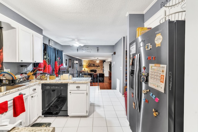 125 Greenway Ave, Union, SC 29379 - kitchen with stainless steel refrigerator with ice dispenser, black dishwasher, a peninsula, a ceiling fan, and white cabinetry
